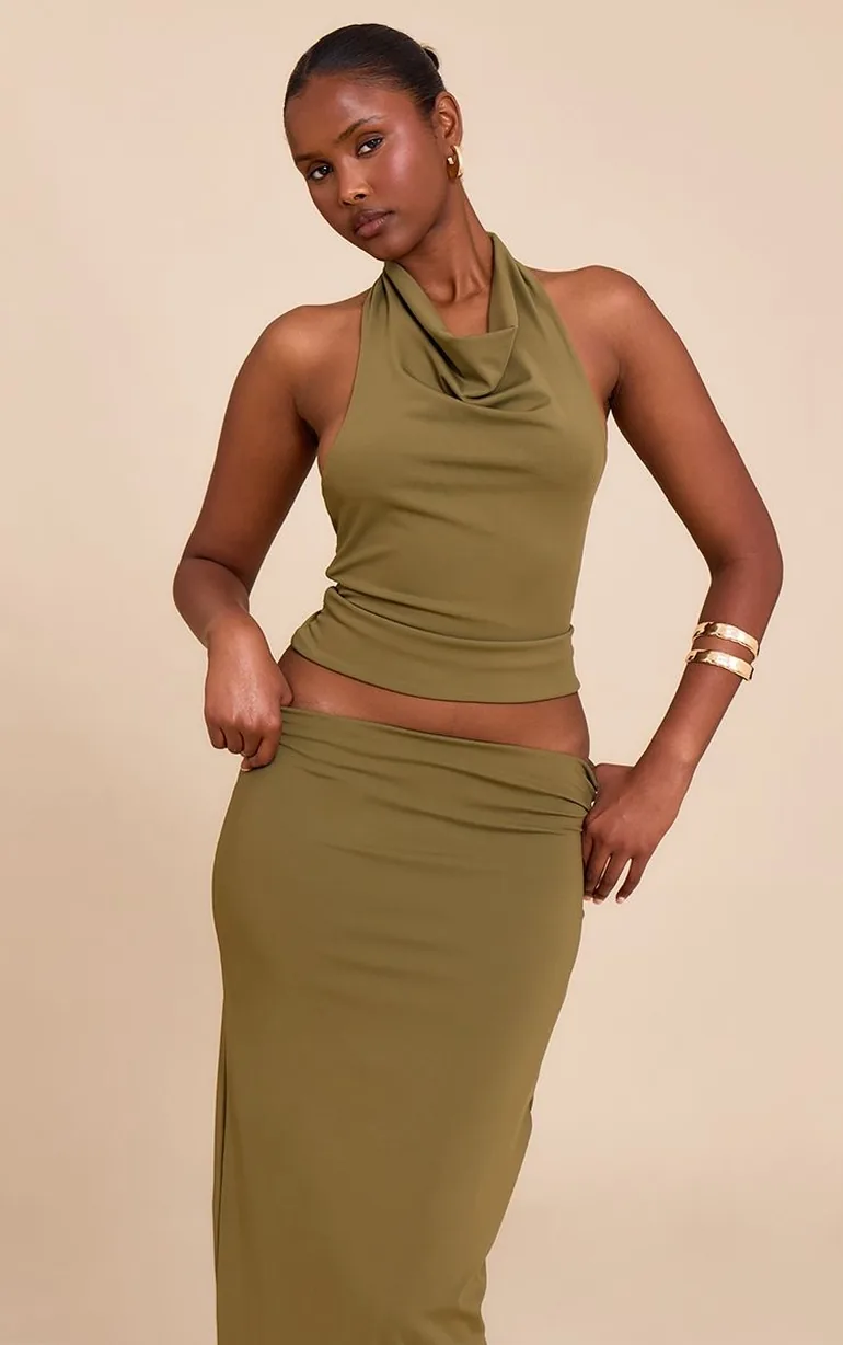 Olive Matte Sculpt Halterneck Gold Detail Backless Top - 5