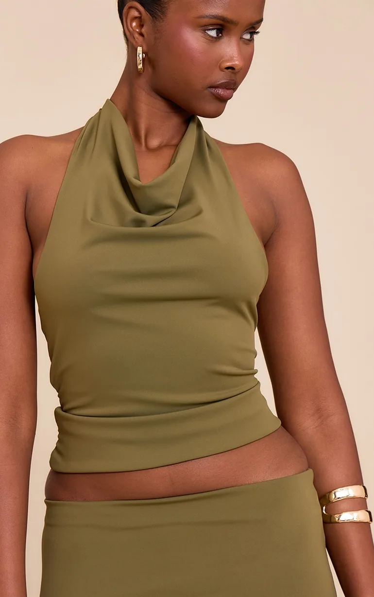 Olive Matte Sculpt Halterneck Gold Detail Backless Top - 3
