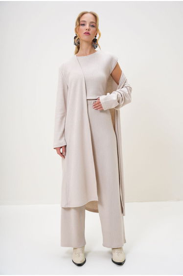 Women's Stone Shoulder Padded Crew Neck Blouse Trousers and Cardigan Set Suit