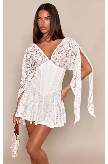 White Corset Waist Lace Drape Sleeve Mini Dress