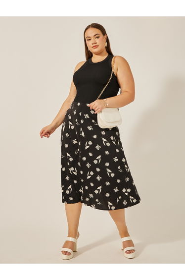 Plus Size Floral Print A-Line Midi Skirt