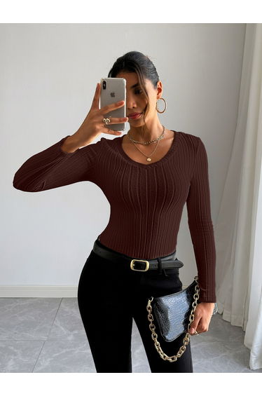 Women Brown Ribbed Knit Long Sleeve Top