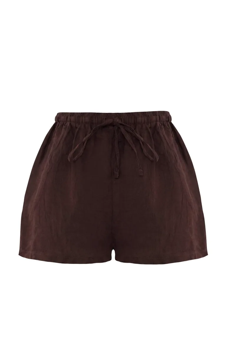 Brown Premium Woven 100% Linen Beach Mini High Waist Shorts - 3