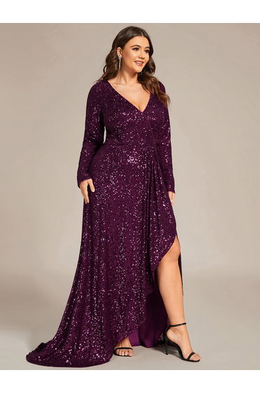 pretty SYREN|Plus Size Sequin V-Neck Long Sleeve High Slit Bodycon Evening Dress