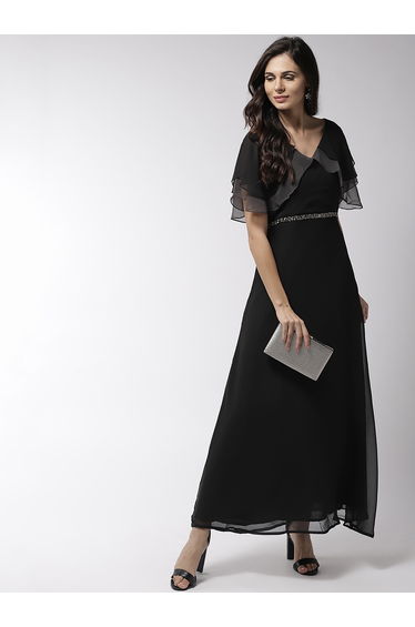 Embellished Waistband Maxi Dress with Ruffled Sleeve