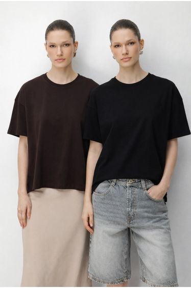 MIXRAY Oversized Ribbed Crew Neck Two-Piece T-Shirt Set