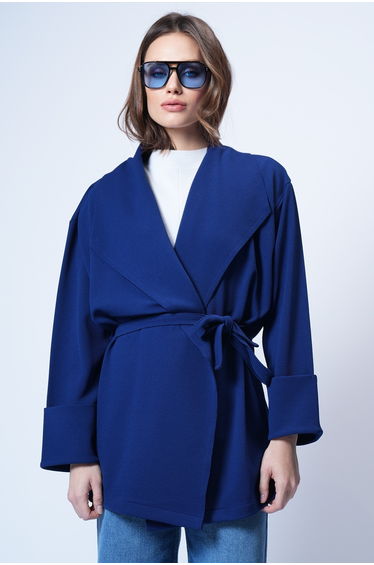 Women's Navy Blue Shawl Collar Self-Textured Belted Long Jacket