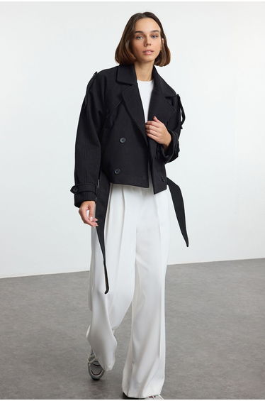 Black Soft Textured Seasonal Short Oversize Cashmere Coat