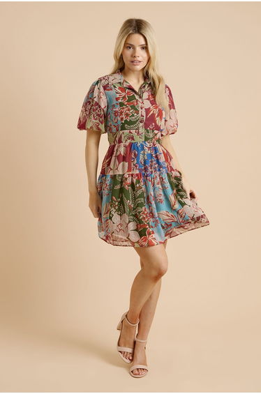 Patchwork Floral Puff Sleeve Dropped Waist Shirt Mini Dress