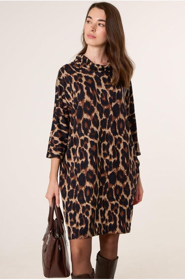 Leopard Print Draped Cowl Neck Tunic Dress