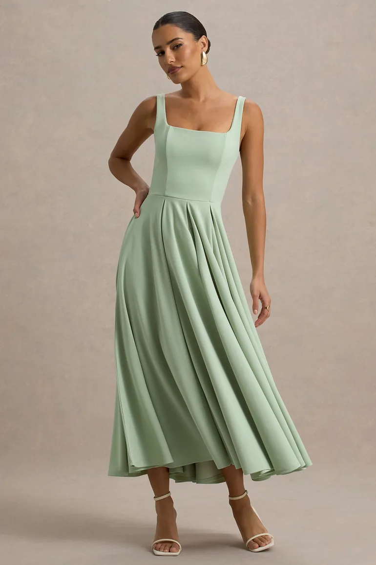 Parina | Light Green Strappy Volume-Hem Midi Dress - 3