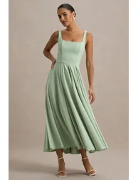 Parina | Light Green Strappy Volume-Hem Midi Dress - 3