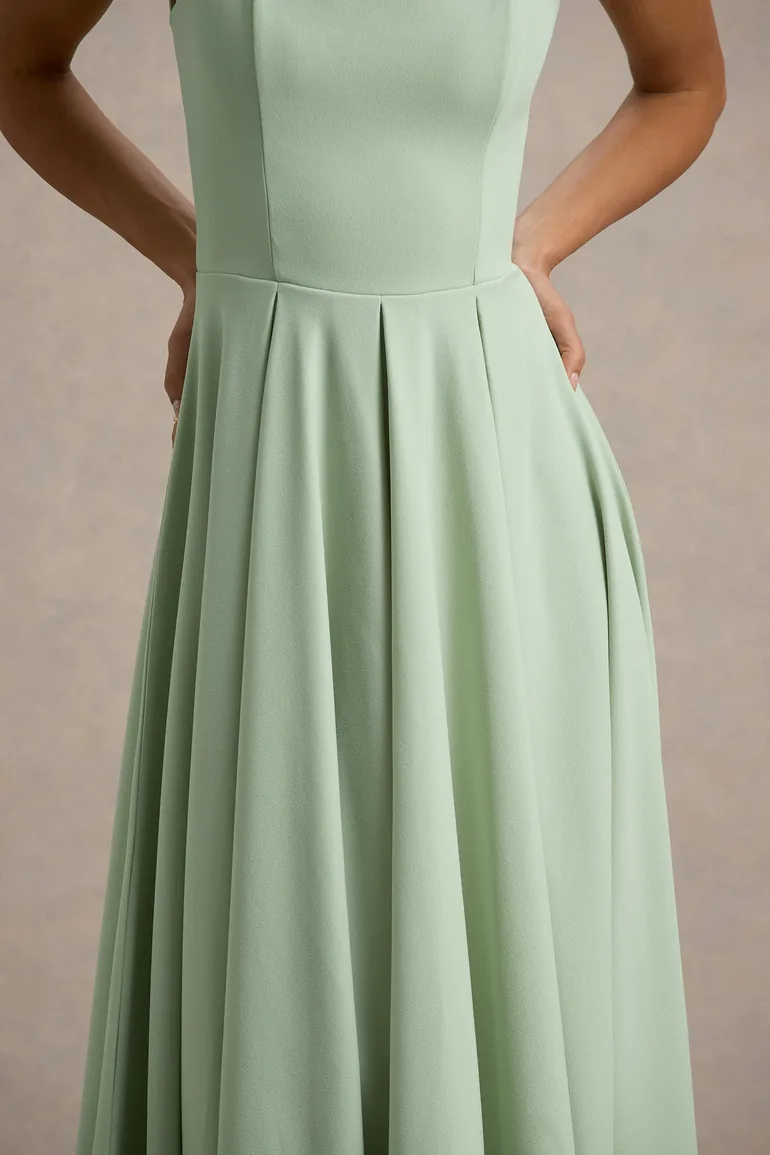 Parina | Light Green Strappy Volume-Hem Midi Dress - 5