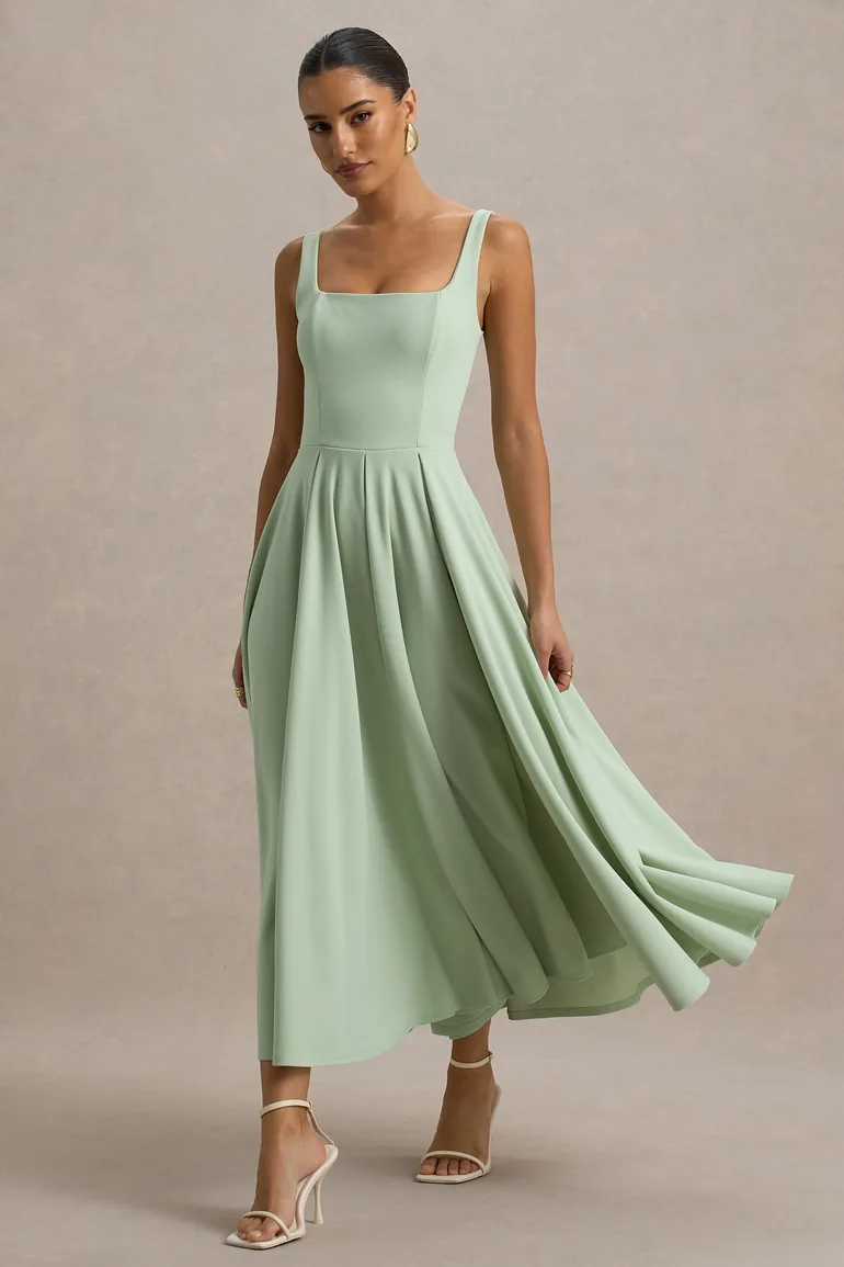 Parina | Light Green Strappy Volume-Hem Midi Dress - 4