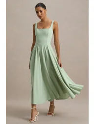 Parina | Light Green Strappy Volume-Hem Midi Dress - 4