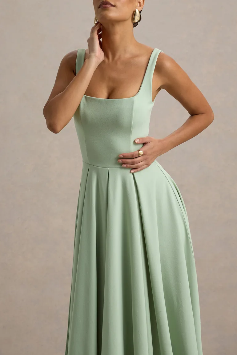 Parina | Light Green Strappy Volume-Hem Midi Dress - 2