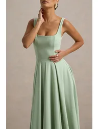 Parina | Light Green Strappy Volume-Hem Midi Dress - 2