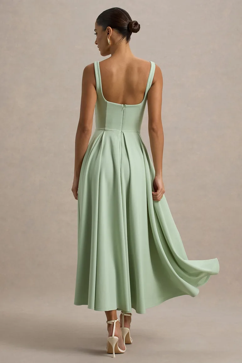 Parina | Light Green Strappy Volume-Hem Midi Dress - 1
