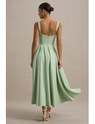 Parina | Light Green Strappy Volume-Hem Midi Dress - 1
