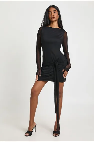 Knot Detail Long Sleeve Mini Dress - black