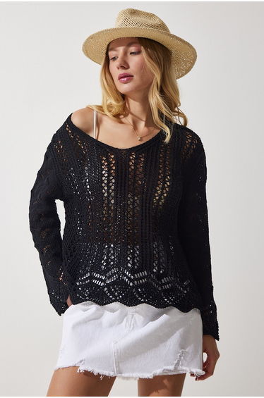 Women's Black Openwork Seasonal Knitwear Sweater