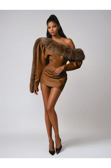 Dioptra One Shoulder Leather Faux Fur Mini Dress In Caramel