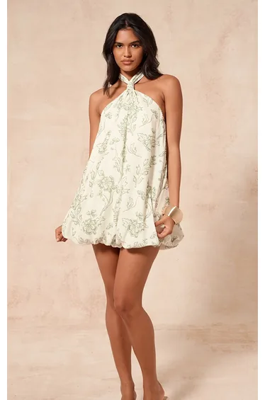 Green Printed Halterneck Puffball Mini Dress
