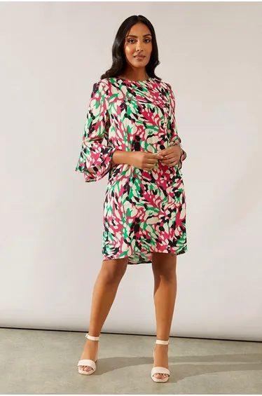 Petite Pink Abstract Flute Sleeve Shift Dress