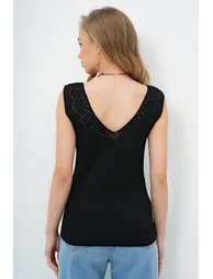 Women's Black Front Back V-Neck Openwork Summer Knitwear Blouse - 5