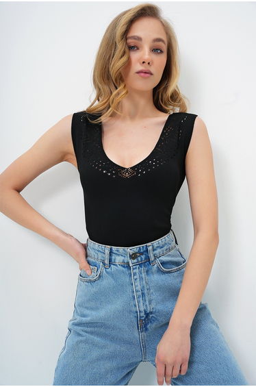 Women's Black Front Back V-Neck Openwork Summer Knitwear Blouse