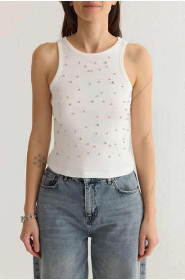 Ecru Fitted/Body-Sitting Pearl Rhinestone Knitted Undershirt product thumbnail 4