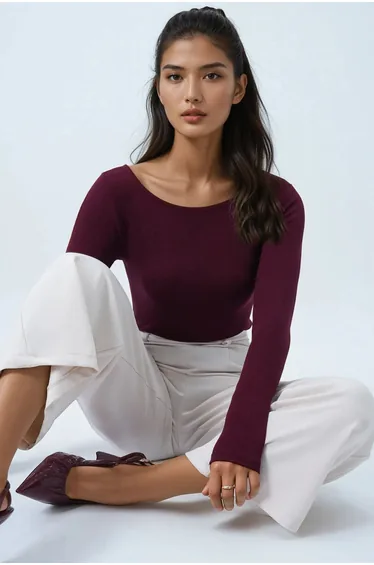 Women's Burgundy Boat Neck Basic Blouse