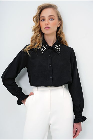 Women's Black Pearl And Stone Embroidered Aerobin Shirt
