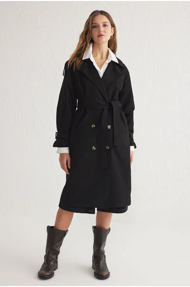 Trench Coat - Black - Double-breasted