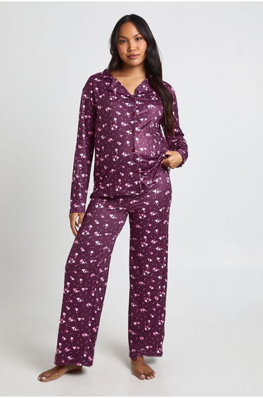 Maternity Heart Print Long Sleeve Shirt & Trouser Pyjama Set - burgundy