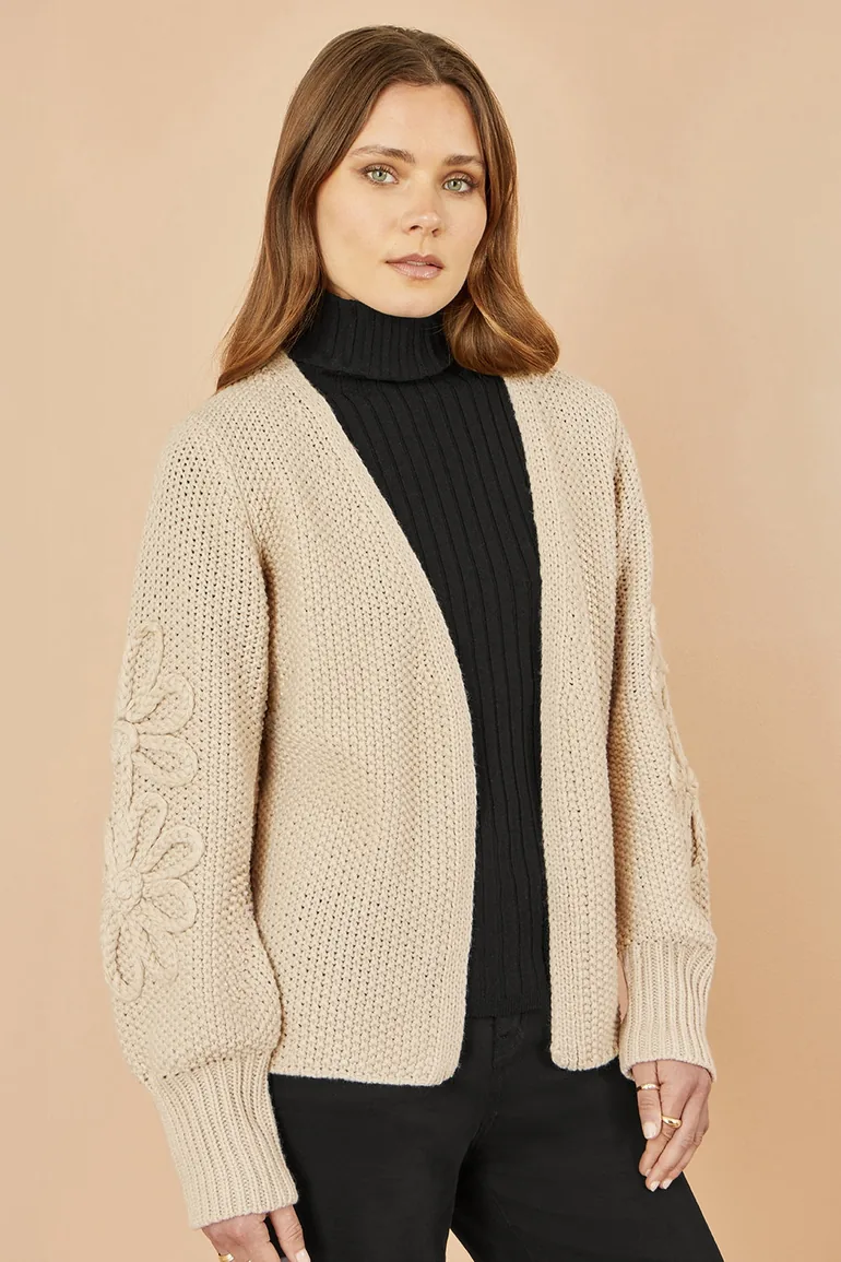 Yumi Beige Edge to Edge Cardigan With Flower Detail Sleeves - 8