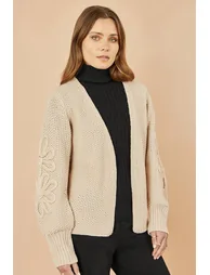 Yumi Beige Edge to Edge Cardigan With Flower Detail Sleeves - 8
