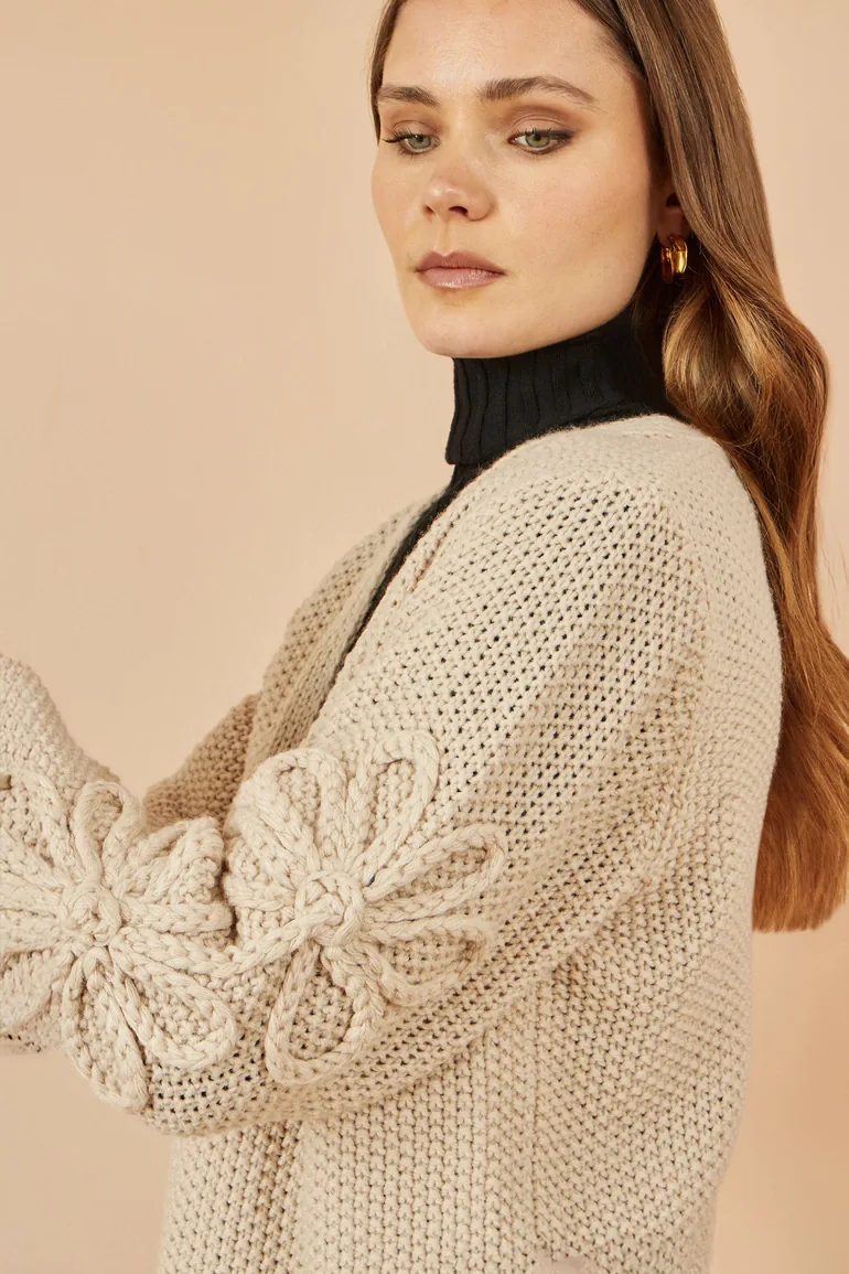 Yumi Beige Edge to Edge Cardigan With Flower Detail Sleeves - 3