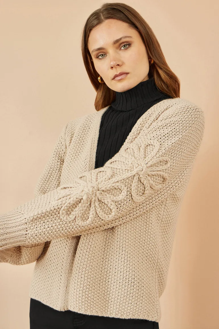 Yumi Beige Edge to Edge Cardigan With Flower Detail Sleeves - 1