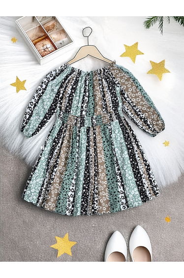 All-Over Print Cotton Dress with Smocked Waist
