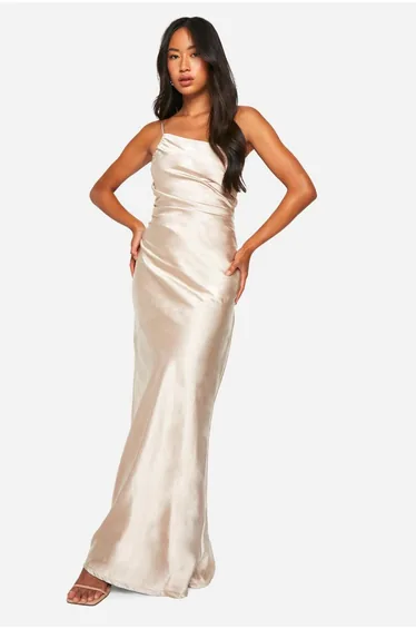 Bridesmaid Satin Asymmetric Floor Length Dress - oyster