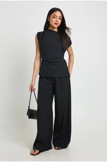 One Shoulder Longline Top & Straight Leg Trouser Co-ord - black