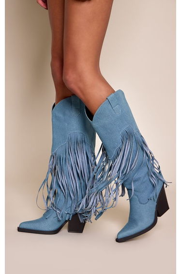Denim Fringe Cuban Heel Knee High Boots