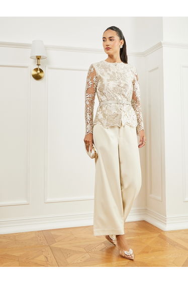 Off-White Lace Long Sleeves Peplum Top