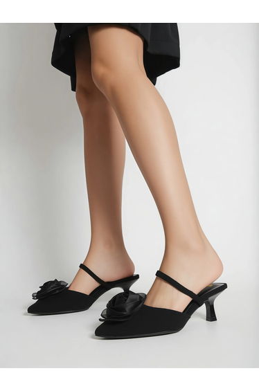 Black Satin Shoes with Floral Detail