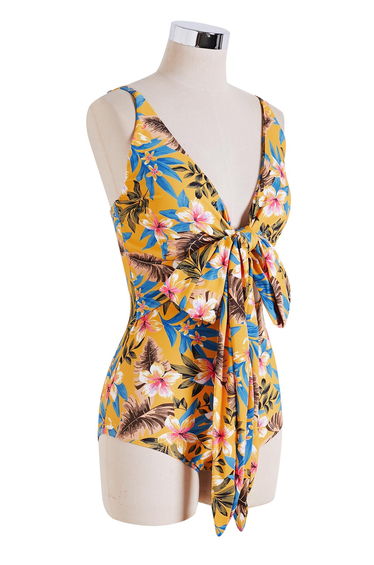 Tropical Floral Self-Tie Bowknot Swimsuit for Tropical Getaways & Summer Trips