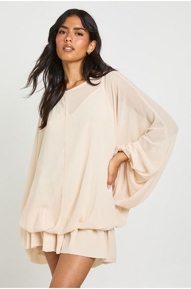 Chiffon Cami Overlay Blouson Skater Dress - sand
