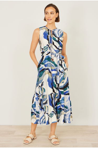 Yumi Blue Viscose Swirl Print Midi Dress