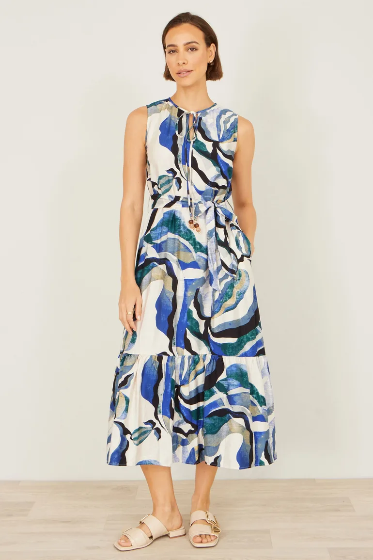 Yumi Blue Viscose Swirl Print Midi Dress - 4