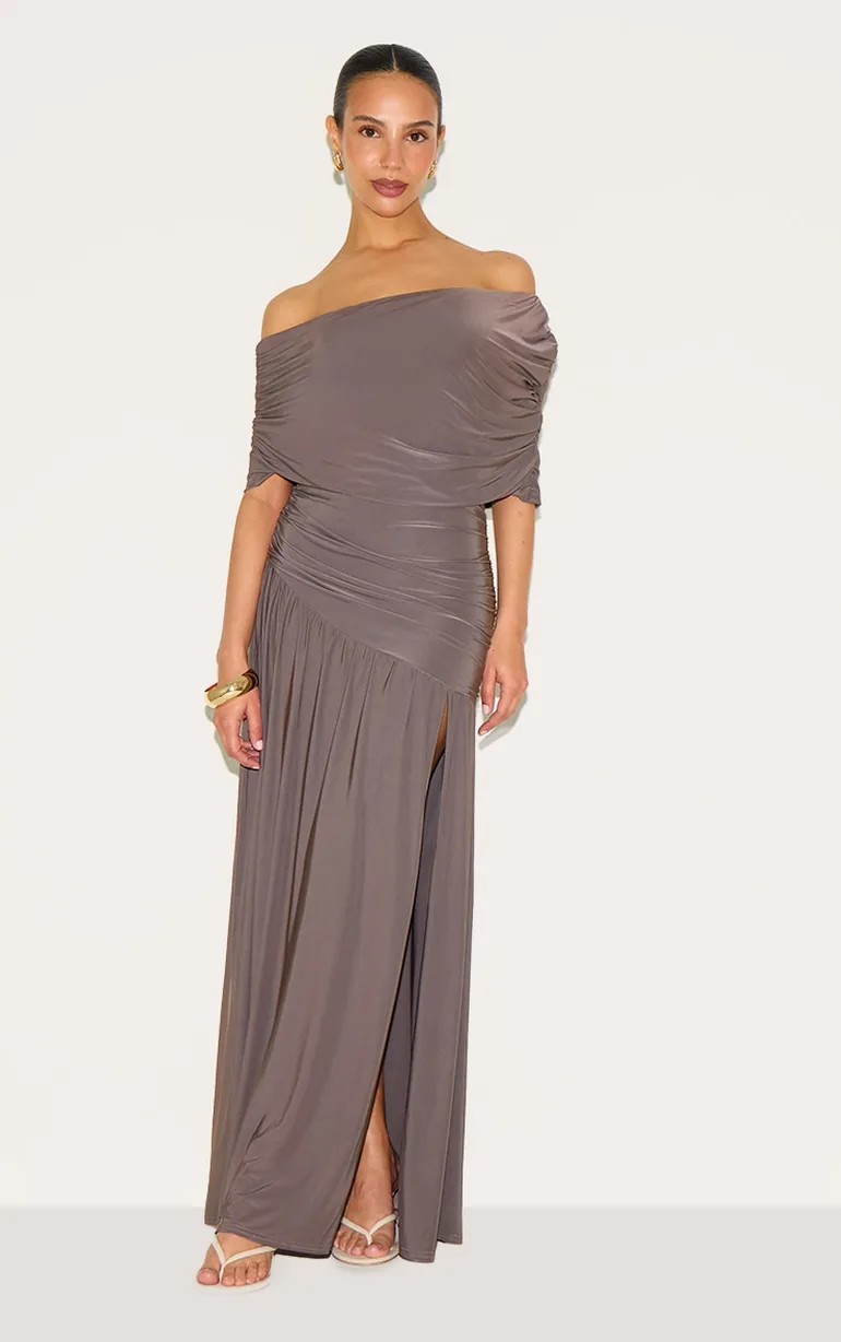 Petite Taupe Double Layer Slinky Bardot One Shoulder Ruched Maxi Dress  Prettylittlething : Dresses : VogaCloset Oman